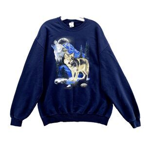 Vintage Jerzees Sweater Men's XL Navy Crew Neck 90s Single Stitch Wolf Full Moon